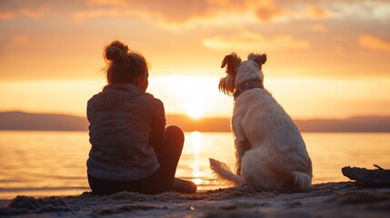 A person and their dog enjoy a peaceful sunset by the beach, reflecting on the day as the sun sets over the water