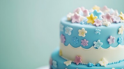 A close-up shot of a birthday cake with intricate fondant decorations, isolated on a light solid color backdrop