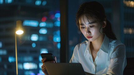 Naklejka premium young asian businesswoman using a laptop and smartphone in a dark office at night focusing on professional tech tasks and corporate work with mobile devices