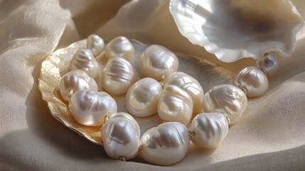 Delicate pearls arranged elegantly on silk fabric beside an open shell, showcasing their natural beauty and luster.