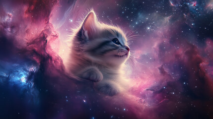 a fluffy kitten peacefully floating near a vivid nebula, which swirls in shades of pink, blue, and violet.