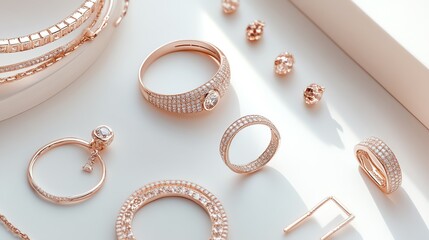 Elegant collection of rose gold jewelry, featuring rings, earrings, and bracelets arranged aesthetically on a light background.