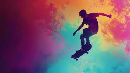 Naklejka premium energetic teenage boy skateboarding in a colorful smoky glowing background, showcasing a silhouette of youthful energy and athleticism with a pop art sports culture vibe