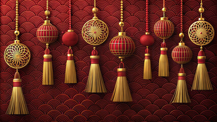 Chinese decorative tassels and patterns with deep red and gold colors, festive and elegant atmosphere background