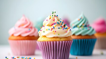 A delightful arrangement of colorful birthday cupcakes with frosting and sprinkles on a light pastel background