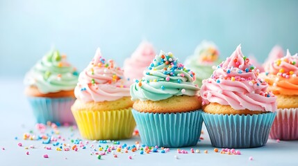 A delightful arrangement of colorful birthday cupcakes with frosting and sprinkles on a light pastel background