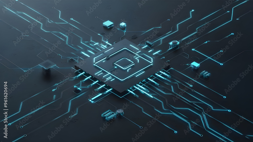 Poster futuristic circuit board with central processor. a captivating image of a complex circuit board, sho