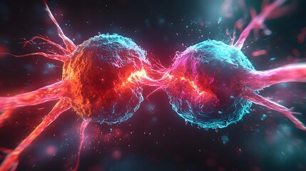 Obraz premium Single Cell Division Close-Up A single cancer cell splitting into two, with vibrant, detailed textures showing the cell membrane stretching and breaking apart. Dark background highlights the cell’s in