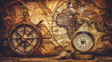 Naklejka premium Magnetic compass on world map.Travel, geography, navigation, tourism and exploration concept background.