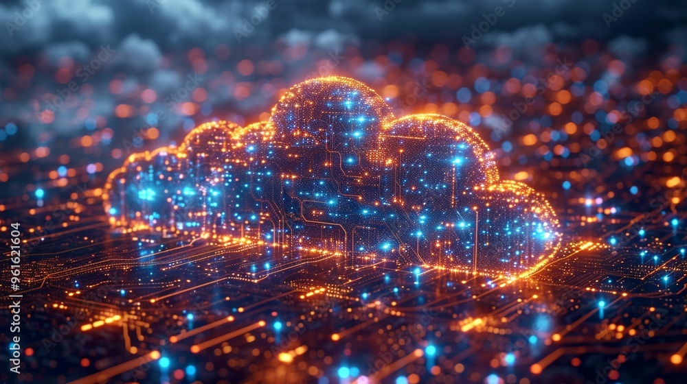 Poster digital cloud representation with glowing circuits and lights during nighttime in a tech-inspired la