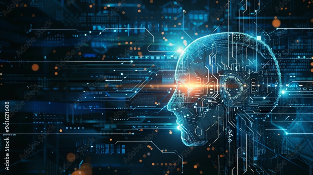 Poster digital representation of a human head integrated with circuits and technology in a futuristic setti