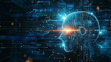 Digital representation of a human head integrated with circuits and technology in a futuristic setting