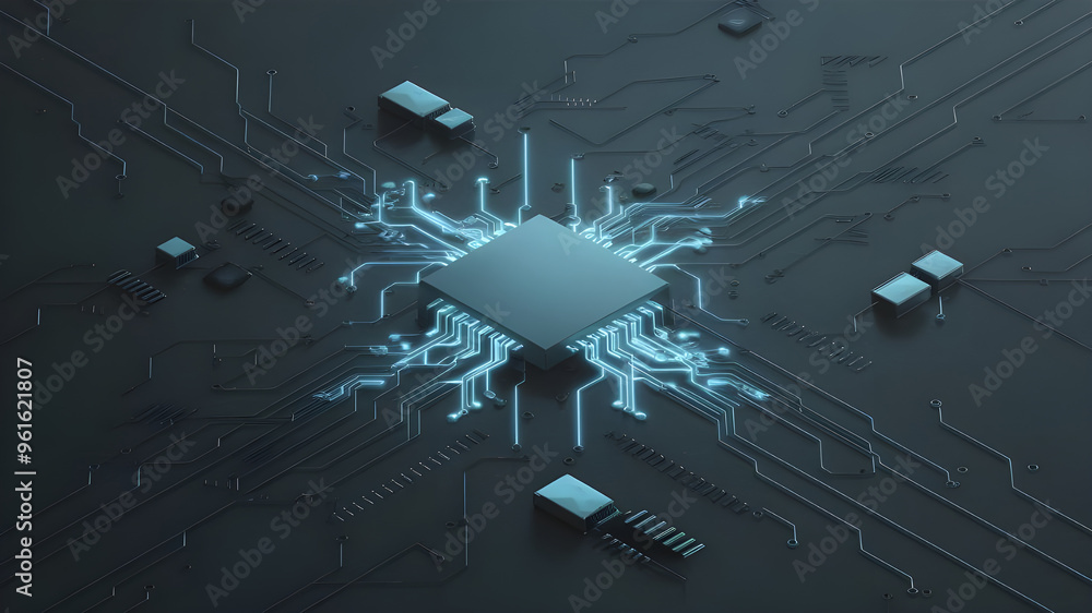 Poster futuristic circuit board with central processor. a captivating image of a complex circuit board, sho