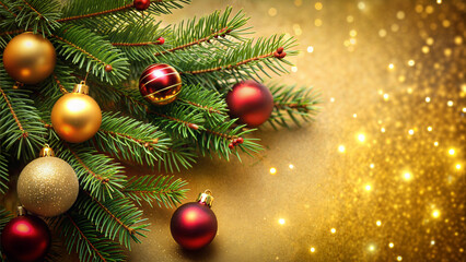 Obraz premium Festive Christmas tree branches adorned with colorful ornaments and sparkling lights 