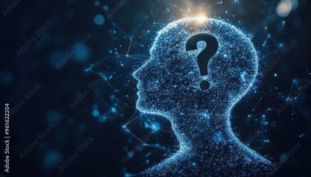 Poster abstract ai brain silhouette with question mark on dark blue digital background reflecting artificia