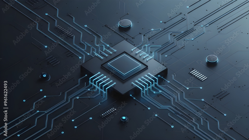 Fototapete futuristic circuit board with central processor. a captivating image of a complex circuit board, sho