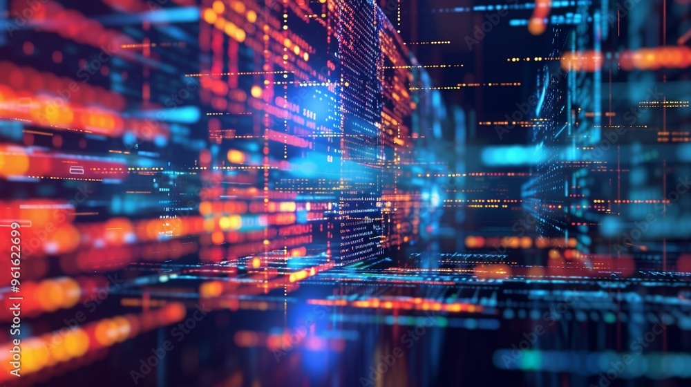 Poster digital data stream in vibrant colors with moving lines and glowing nodes
