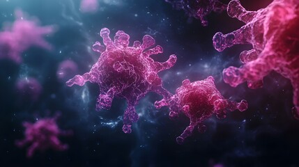 Cluster of Cells Dividing
A small cluster of cancer cells in the process of dividing, with multiple cells at different stages of mitosis. The background is dark, emphasizing the dynamic nature of cell