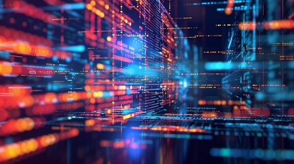 Obraz premium Digital data stream in vibrant colors with moving lines and glowing nodes