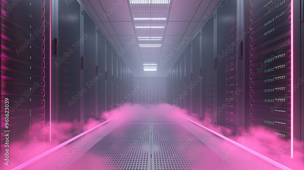 Poster misty hallway in a data center with glowing pink lighting and server racks at twilight