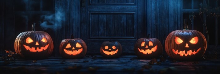 Row of spooky glowing pumpkins on wooden porch.