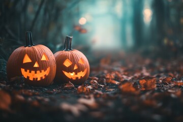 Two vibrant jack-o'-lanterns in forest path