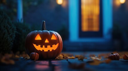 Jack-o'-lantern glowing brightly on doorstep at night