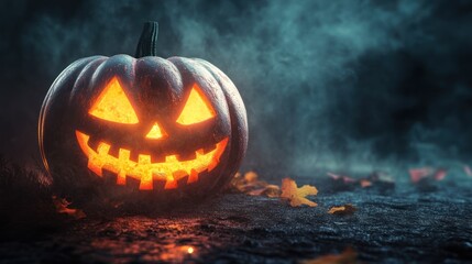 Halloween pumpkin with eerie glowing face on the ground