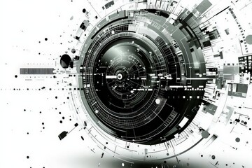 Obraz premium Futuristic digital abstract design featuring circular geometric patterns, representing technological advancements, data flow, and virtual space innovation.