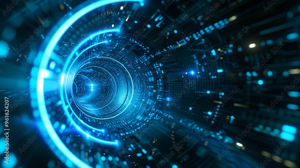 Poster vibrant blue digital tunnel demonstrating advanced technology and data flow in a futuristic setting