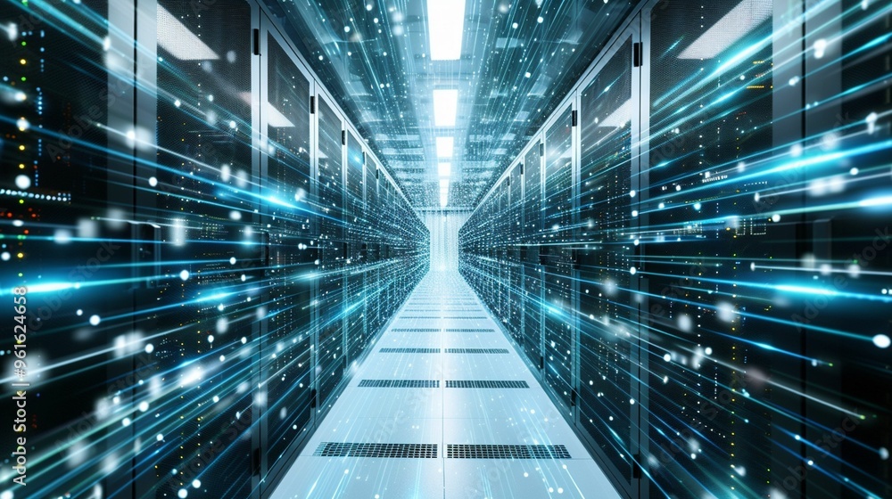 Poster high-tech data center with illuminated racks and energy beams