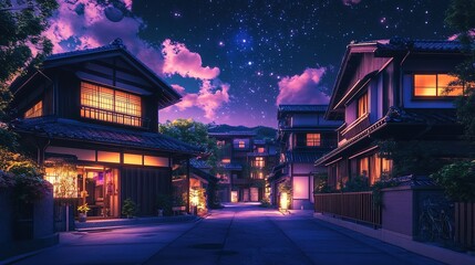 Lofi Beautiful Japanese Japan Tokyo City Town at Starry Star Sky Night - House at Street Anime Comic Artstyle Cozy Peaceful Peace Asian Wallpaper Background Purple Pink Orange Color
