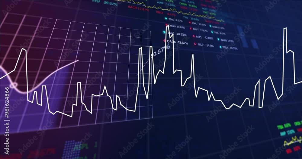 Poster stock market data and financial chart animation over digital interface background