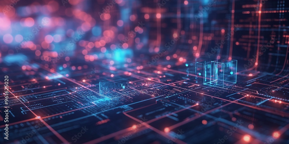Poster abstract digital network with glowing lines and shapes in a futuristic environment