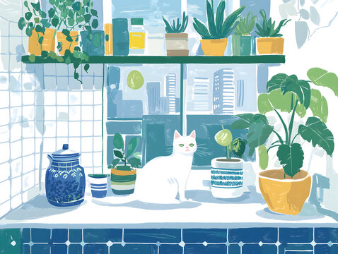 White Cat in Kitchen