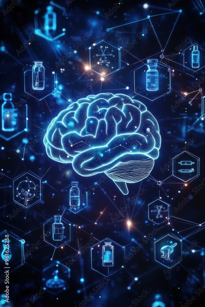 Poster digital brain icon surrounded by technology and science icons, representing artificial intelligence,