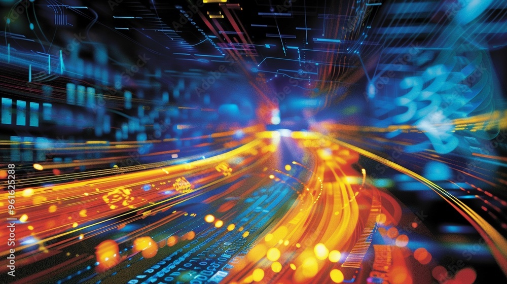 Poster abstract digital energy bursts representing fast data movement and technological advancement in a vi