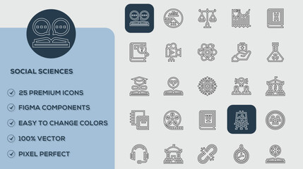 Social Sciences Icons set. Vector illustration in modern thin line style of business related icons: teamwork, documents, devices, and more. Pictograms and infographics for mobile apps.