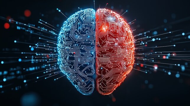 A brain divided into two: one side with programming code and the other side with abstract colors
