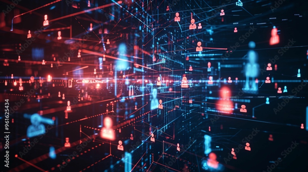 Poster digital network visualization showing connected users in a futuristic data environment