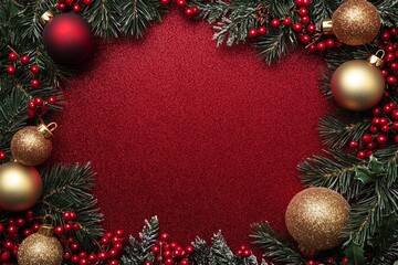 Christmas Garland with Ornaments and Red Background