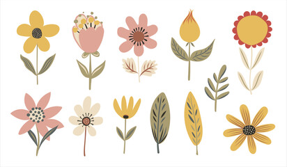 Set of cute flowers plant in cartoon style. Hand drawn vector doodle childish illustration. Isolated simple drawing for kid-friendly graphic and babyish book or card designs.