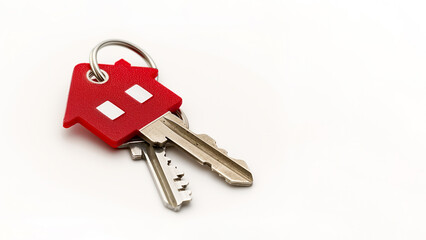 Keys to a new build house for first time buyer purchasing a family home in a residential street property development after obtaining an investment mortgage, white background with copy space 