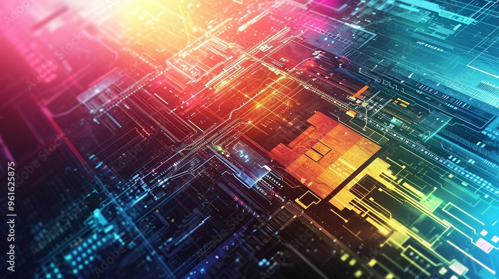 Poster abstract digital circuit design with vibrant colors and glowing elements on a dark background