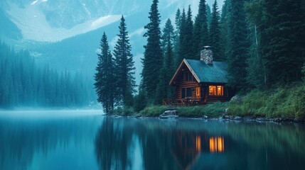 Obraz premium Cabin by the Lake in the Forest