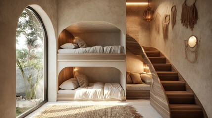 Luxury villa kidsâ€™ bedroom with two cozy bunk beds, a graceful curved staircase, and