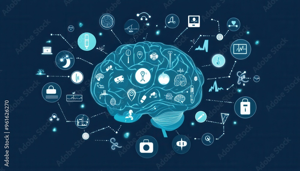 Poster digital brain with various icons representing different concepts and technologies, illustrating mode
