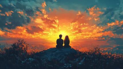 Obraz premium Couple watching a vibrant sunset from a hilltop, surrounded by nature, symbolizing serenity and romantic moments.