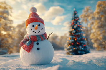 Obraz premium A snowman wearing a bright scarf and hat, stands near a Christmas tree on a snowy landscape with soft snowdrifts