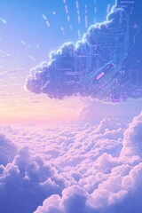 Fototapeta premium Digital illustration depicting a futuristic cloud with a circuit board pattern against a serene sky, symbolizing cloud computing and technological advancement in a dreamy, surreal atmosphere.